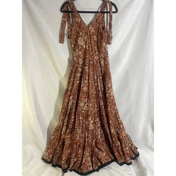 Free People Kika Dress Woman's XS Rust Tan Floral Black Hem Trim Tiered Cotton - Picture 8 of 8